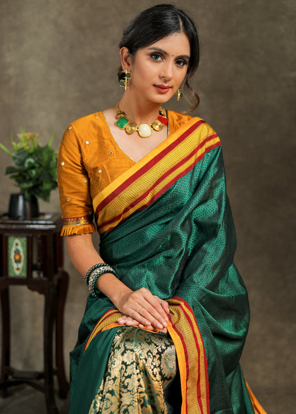 Exclusive green Khun saree with Banarasi combination and yellow border ...