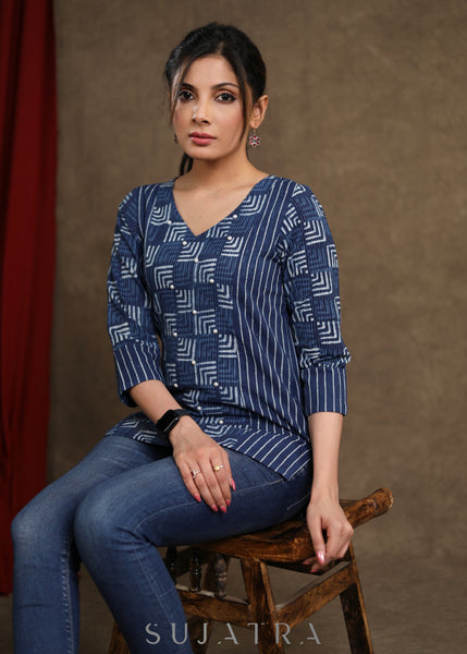 Casual Cotton Indigo Combination Top