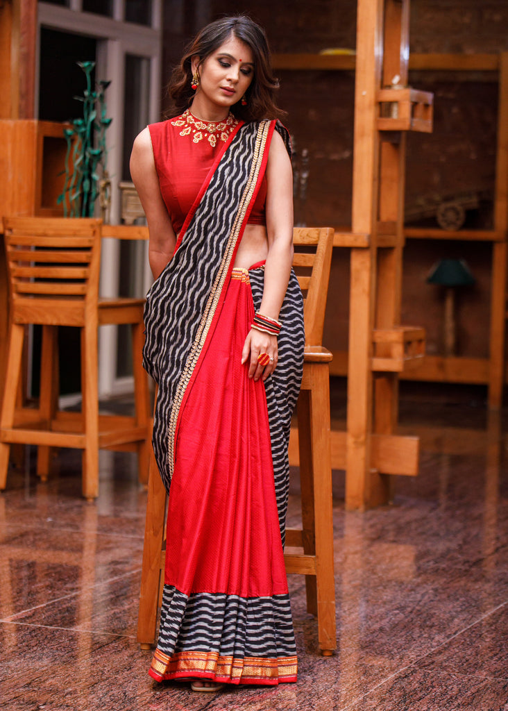 Exclusive ikat & khun saree with hand embroidered zardosi border - Zardosi blouse piece separate