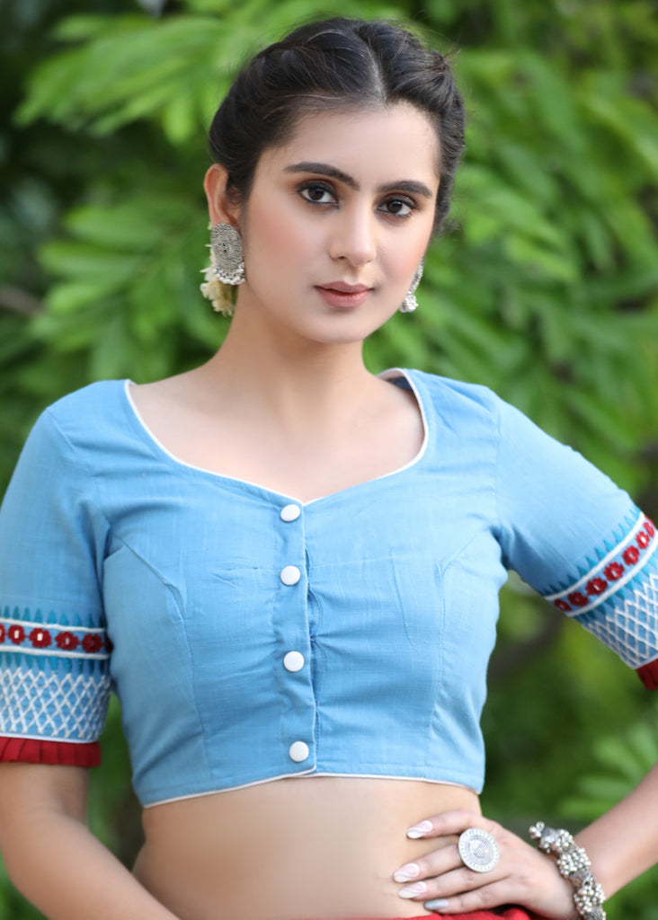 Powder Blue Cotton Blouse with Contrast Embroidery at the Back and on the Sleeves with Maroon Frill Detailing