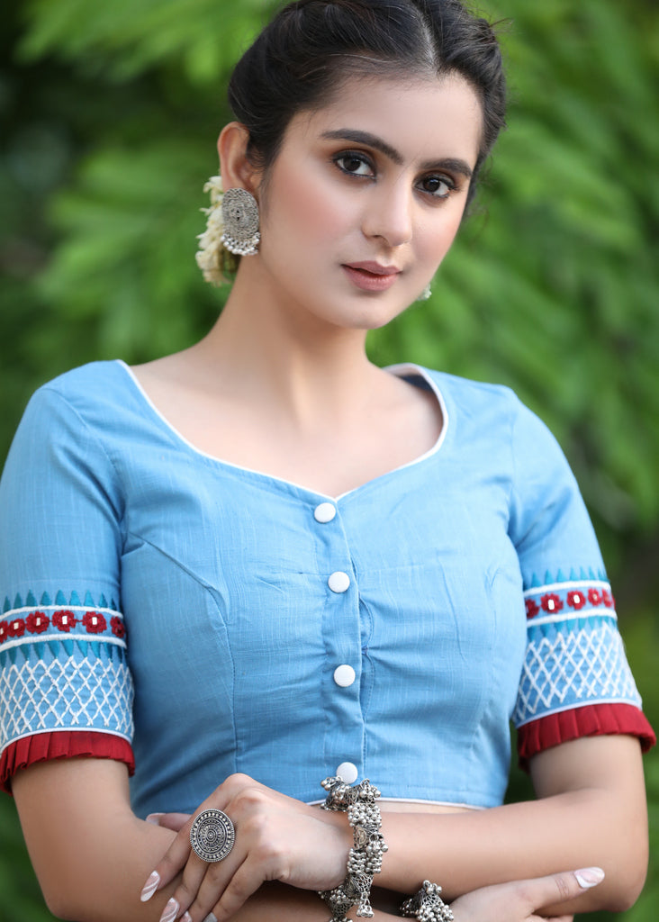 Powder Blue Cotton Blouse with Contrast Embroidery at the Back and on the Sleeves with Maroon Frill Detailing