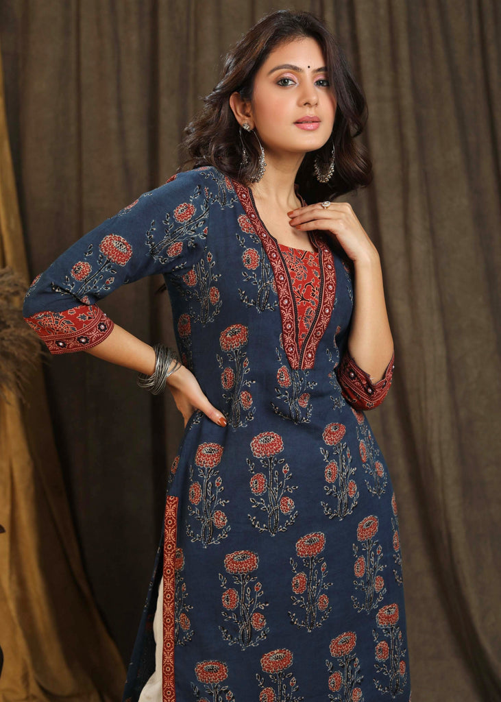 Exclusive Ajrakh Combination Straight Cut Kurta with Beautiful Stonework On Front and Sleeves - Pant Optional