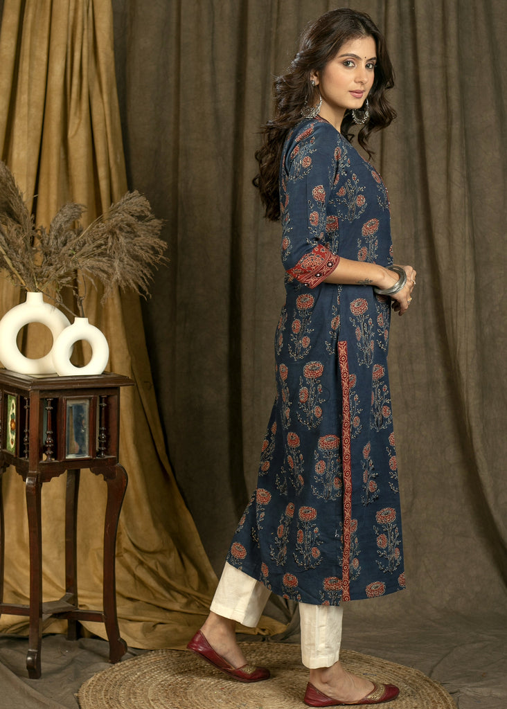 Exclusive Ajrakh Combination Straight Cut Kurta with Beautiful Stonework On Front and Sleeves - Pant Optional