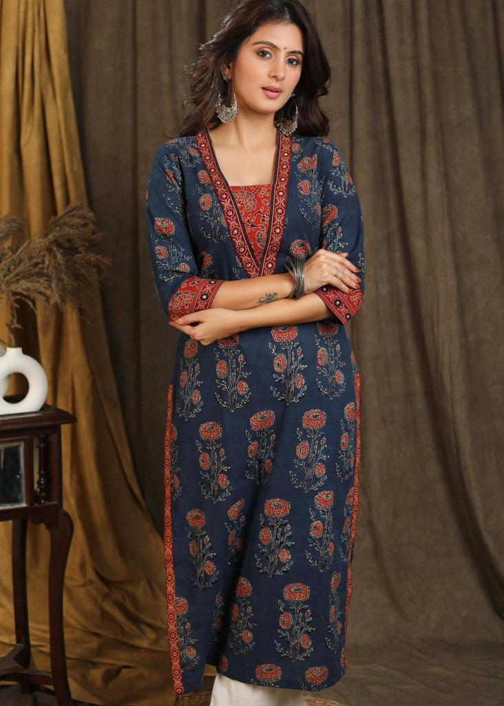 Exclusive Ajrakh Combination Straight Cut Kurta with Beautiful Stonework On Front and Sleeves - Pant Optional