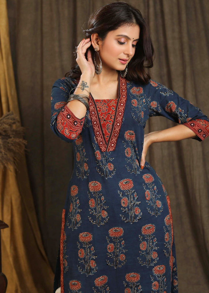 Exclusive Ajrakh Combination Straight Cut Kurta with Beautiful Stonework On Front and Sleeves - Pant Optional