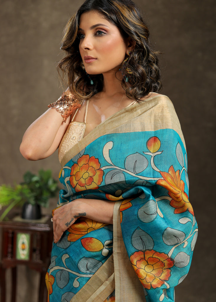 Buy Orange Pure Handloom Kalamkari Printed Tussar Silk Saree-UNM76040  Online at Unnatisilks.com|UNM76040