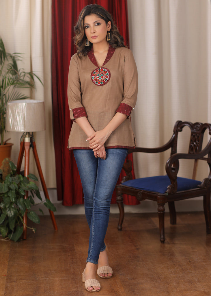 Exclusive cotton Top with round mirror work and Ikkat collar