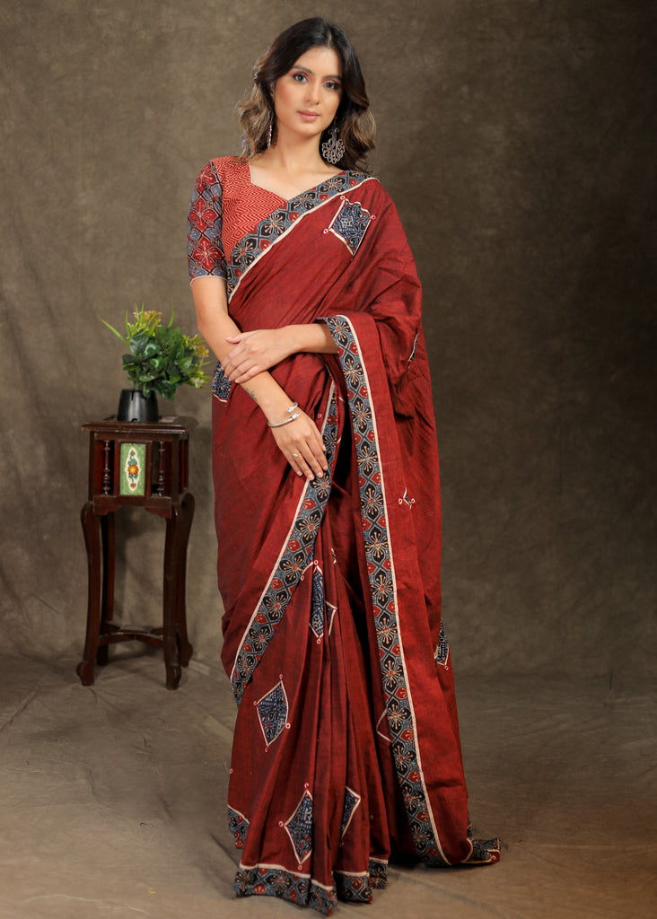 Maroon Handloom saree with Ajrak applique work and border