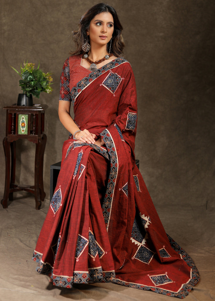 Maroon Handloom saree with Ajrak applique work and border