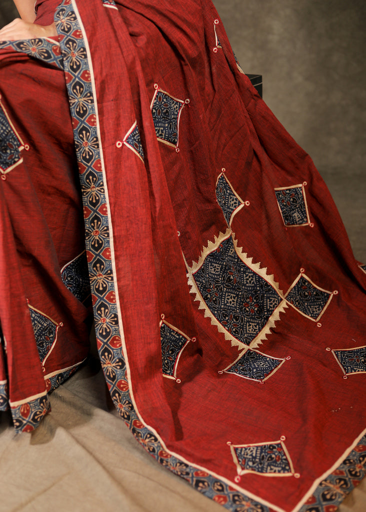 Maroon Handloom saree with Ajrak applique work and border