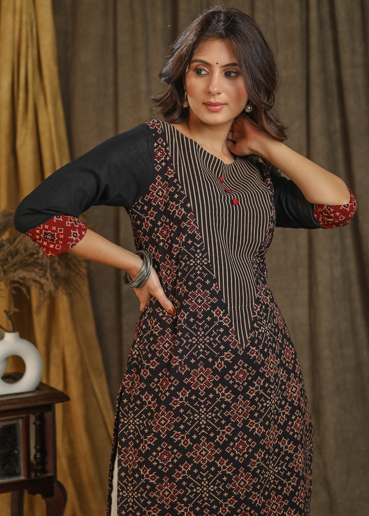 Trendy Geometry Print Cotton Ajrakh Combination Straight Cut Kurta - Pant Optional