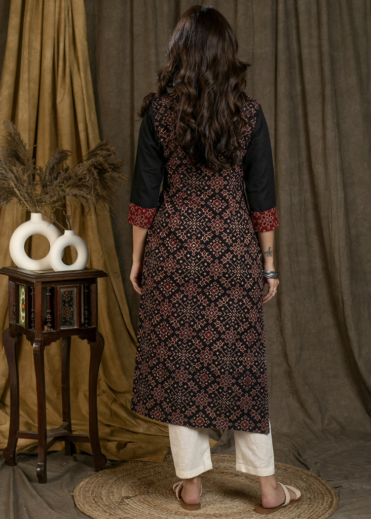 Trendy Geometry Print Cotton Ajrakh Combination Straight Cut Kurta - Pant Optional