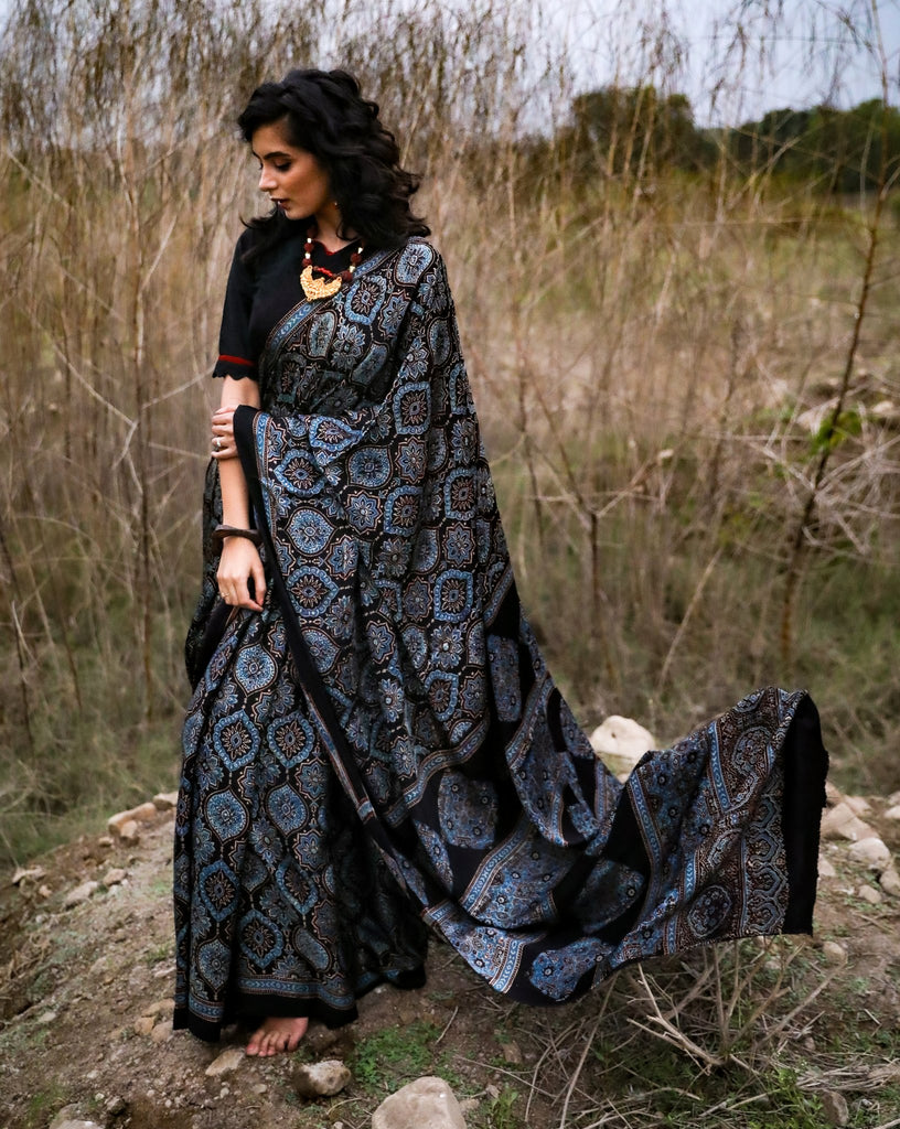 Exclusive pure modal silk ajrakh hand block printed black & blue combination saree