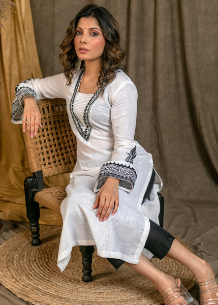 Elegant White Cotton Straight Cut Kurta with Bell Sleeves and Contrast Embroidery On Neck and Sleeves - Pant Optional