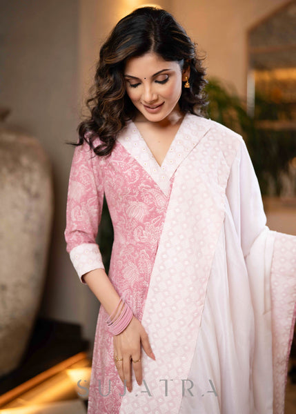 Trendy Baby Pink Rayon Printed Flared Kurta - Chiffon Dupatta Optional