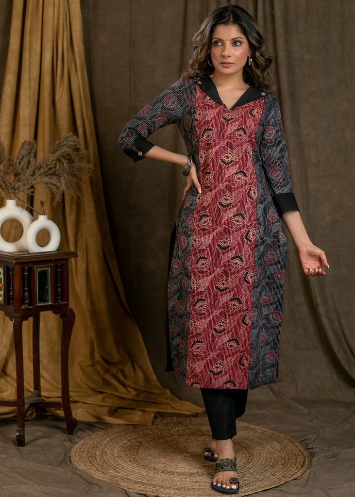 Beautiful Red Black Kantha Combination Straight Cut Cotton Ajrakh Kurta with Flat Collar and Wooden Beads - Pant Optional