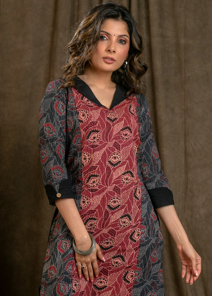 Beautiful Red Black Kantha Combination Straight Cut Cotton Ajrakh Kurta with Flat Collar and Wooden Beads - Pant Optional