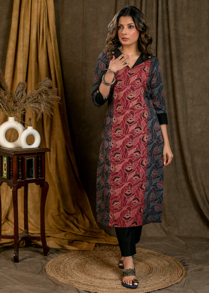 Beautiful Red Black Kantha Combination Straight Cut Cotton Ajrakh Kurta with Flat Collar and Wooden Beads - Pant Optional