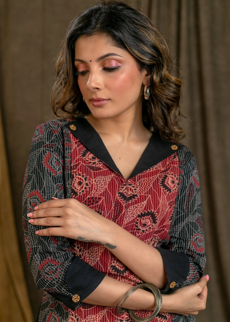 Beautiful Red Black Kantha Combination Straight Cut Cotton Ajrakh Kurta with Flat Collar and Wooden Beads - Pant Optional