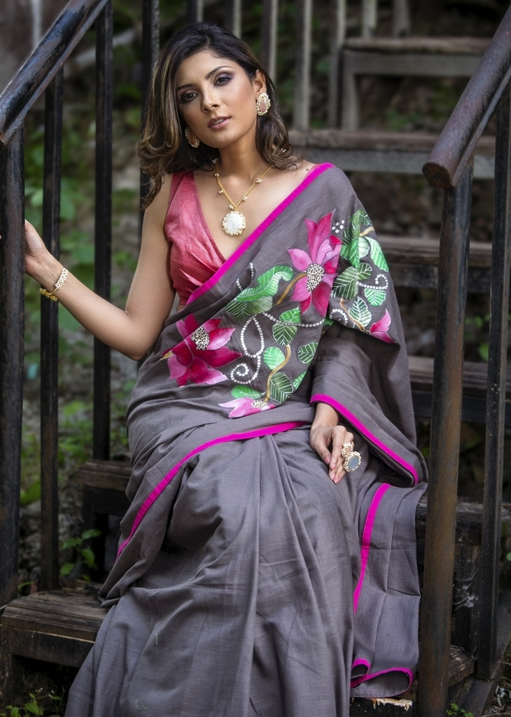 Grey slub cotton saree with exclusive hand painted motifs