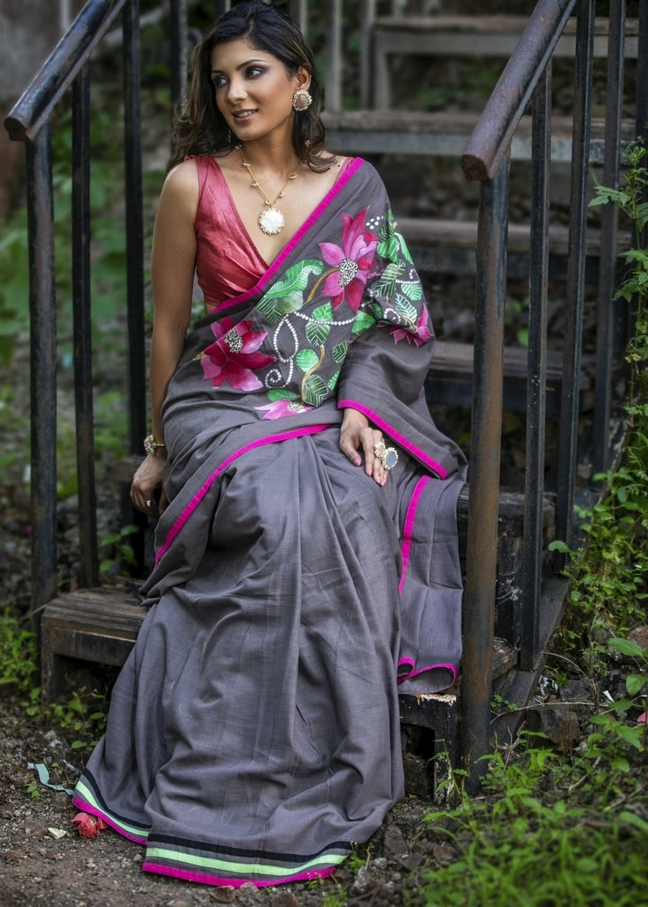 Grey slub cotton saree with exclusive hand painted motifs