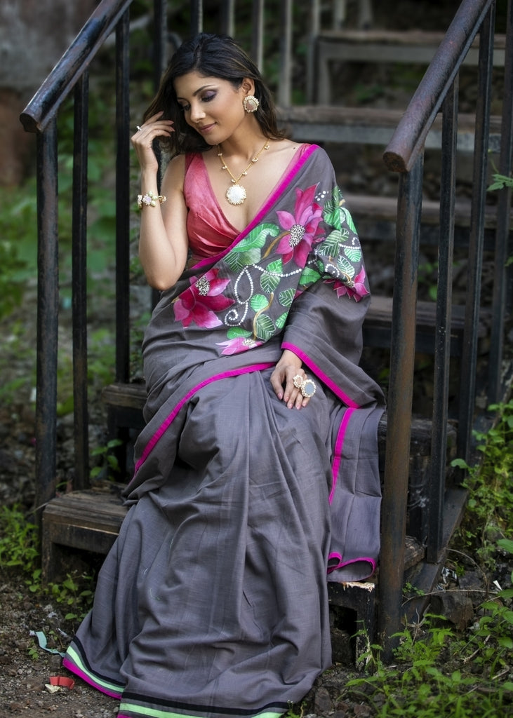 Grey slub cotton saree with exclusive hand painted motifs