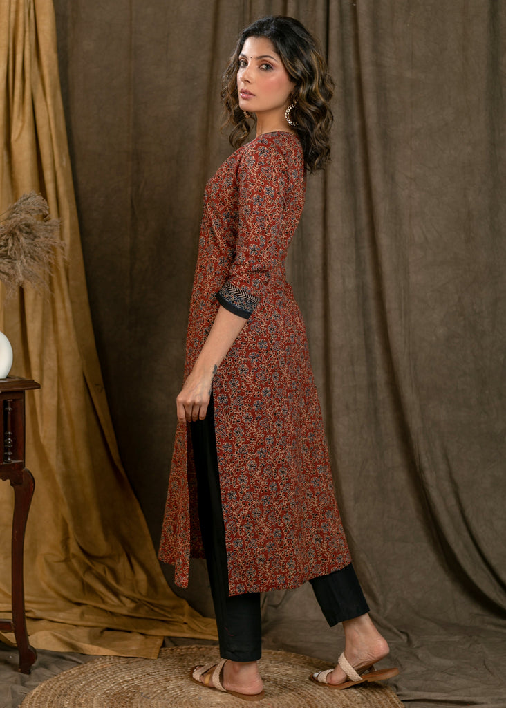 Classy Flower Printed Cotton Ajrakh Straight Cut Kurta with Contrast Details - Pant Optional