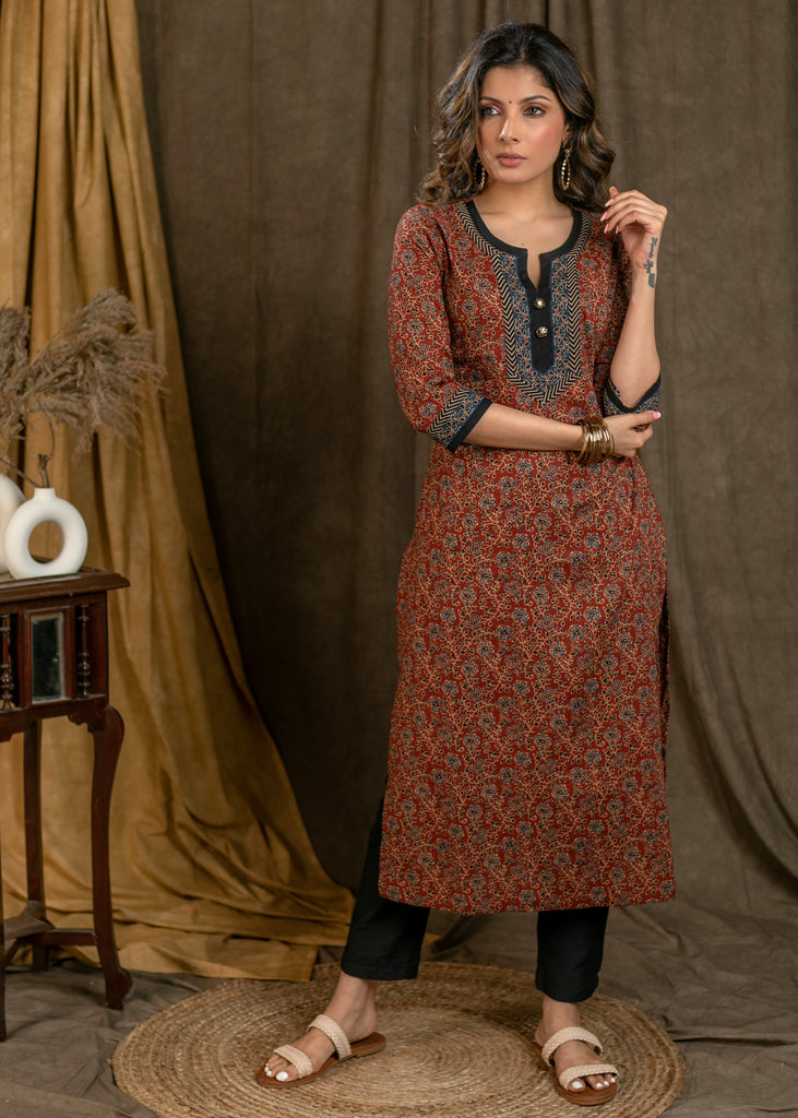 Classy Flower Printed Cotton Ajrakh Straight Cut Kurta with Contrast Details - Pant Optional