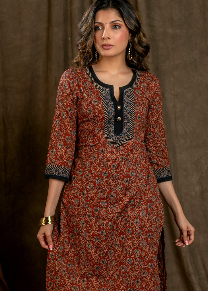 Classy Flower Printed Cotton Ajrakh Straight Cut Kurta with Contrast Details - Pant Optional