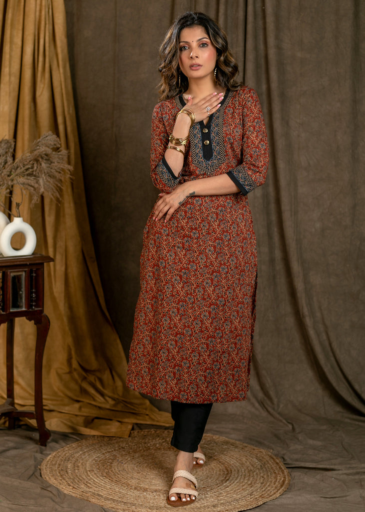 Classy Flower Printed Cotton Ajrakh Straight Cut Kurta with Contrast Details - Pant Optional