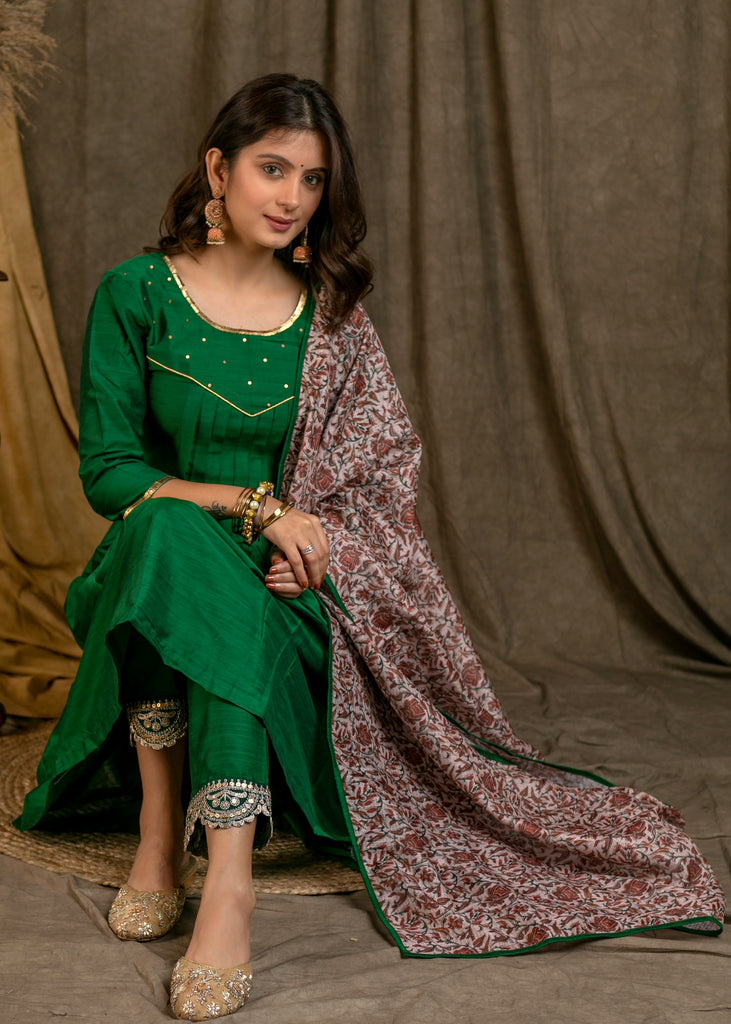 Classy Green Cotton Silk Pleated Kurta Pant Set with Gold Sequence Wor ...