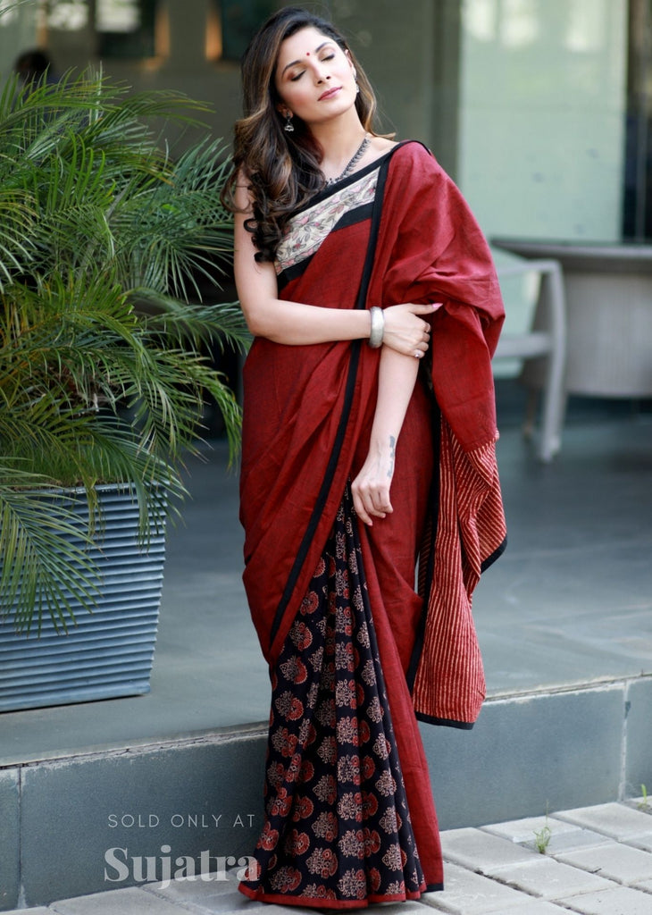 Handloom cotton saree with handpainted madhubani painted border