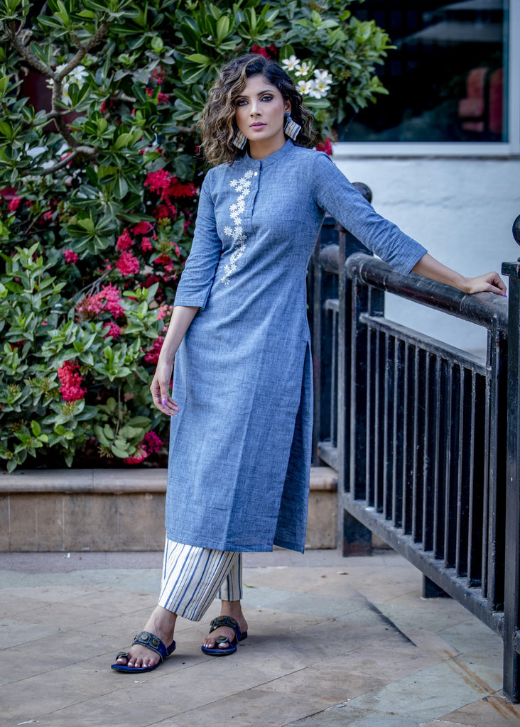 Exclusive blue handloom cotton kurta with floral embroidered pattern