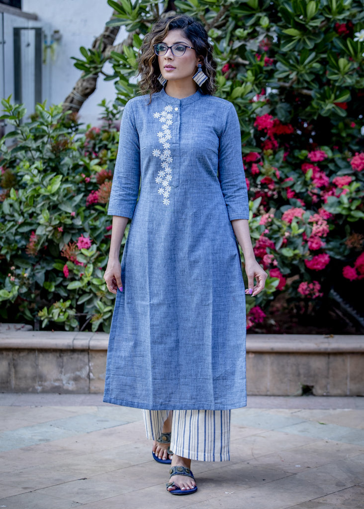 Exclusive blue handloom cotton kurta with floral embroidered pattern