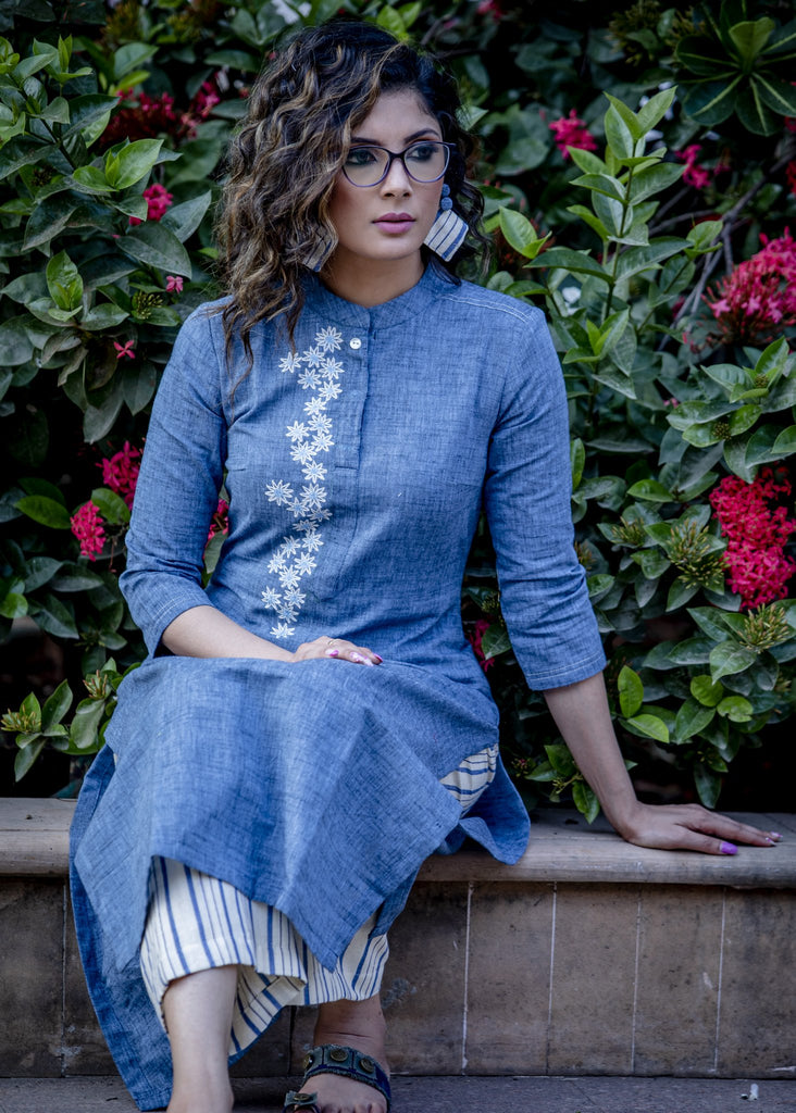 Exclusive blue handloom cotton kurta with floral embroidered pattern