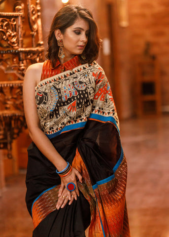 Black chanderi saree with exclusive hand painted madhubani painting & ikat border