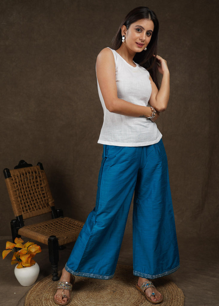 Blue Palazzo Pants with Polka Dots Top Outfit