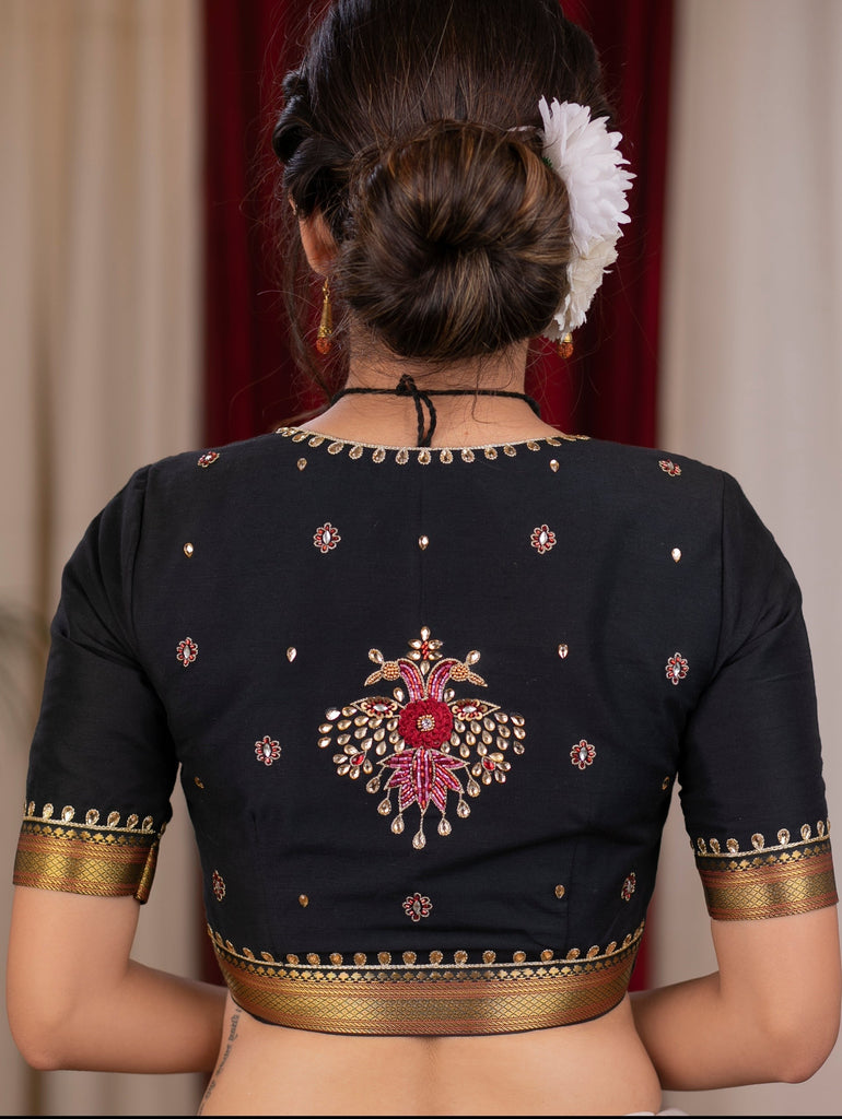 Exclusive black cotton silk blouse with overall hand embroidered madhubani motif