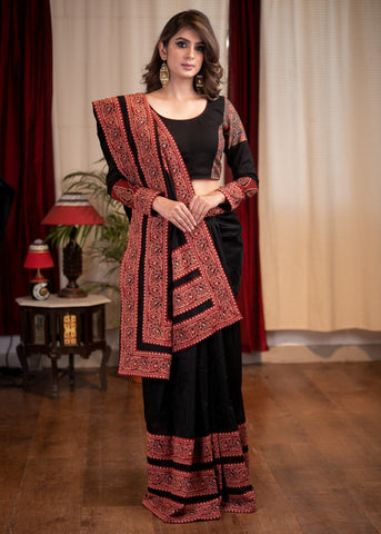 Exclusive Black chanderi saree with Ajrakh border combination