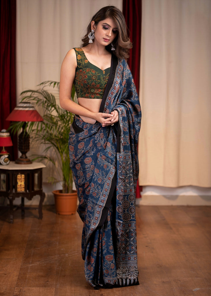 Elegant Hand Block Printed Ajrakh Modal Silk Saree with tassels –  India1001.com