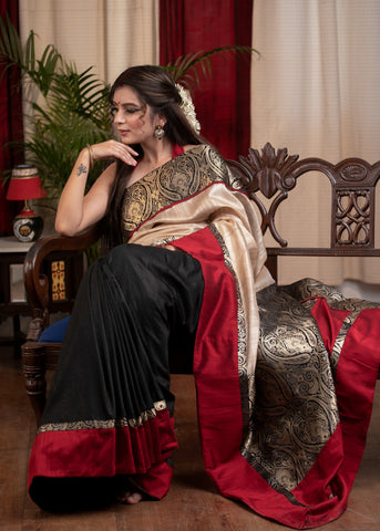 Tusser Silk & banarasi combination saree with black cotton silk pleats