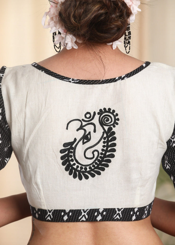 Standout Cotton Slub Blouse With Kantha Print Sleeves and Embroidered Motif On the Backside