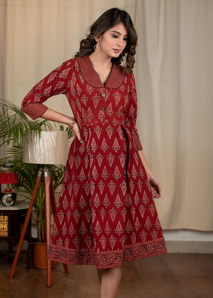 Exclusive maroon Ajrakh printed cotton one piece dress – Sujatra