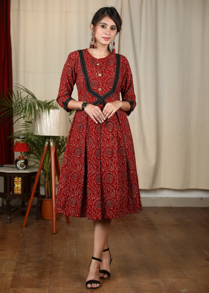 Exclusive maroon Ajrakh pleated one piece cotton dress – Sujatra