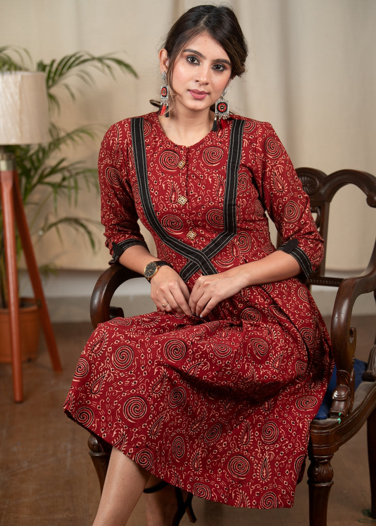 Exclusive maroon Ajrakh pleated one piece cotton dress