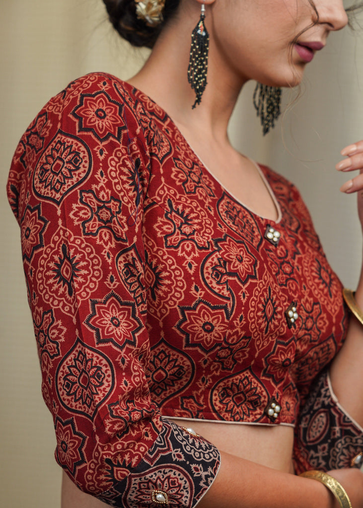 Maroon Cotton Ajrakh Combination Blouse With Bead work at the Back and Sleeves