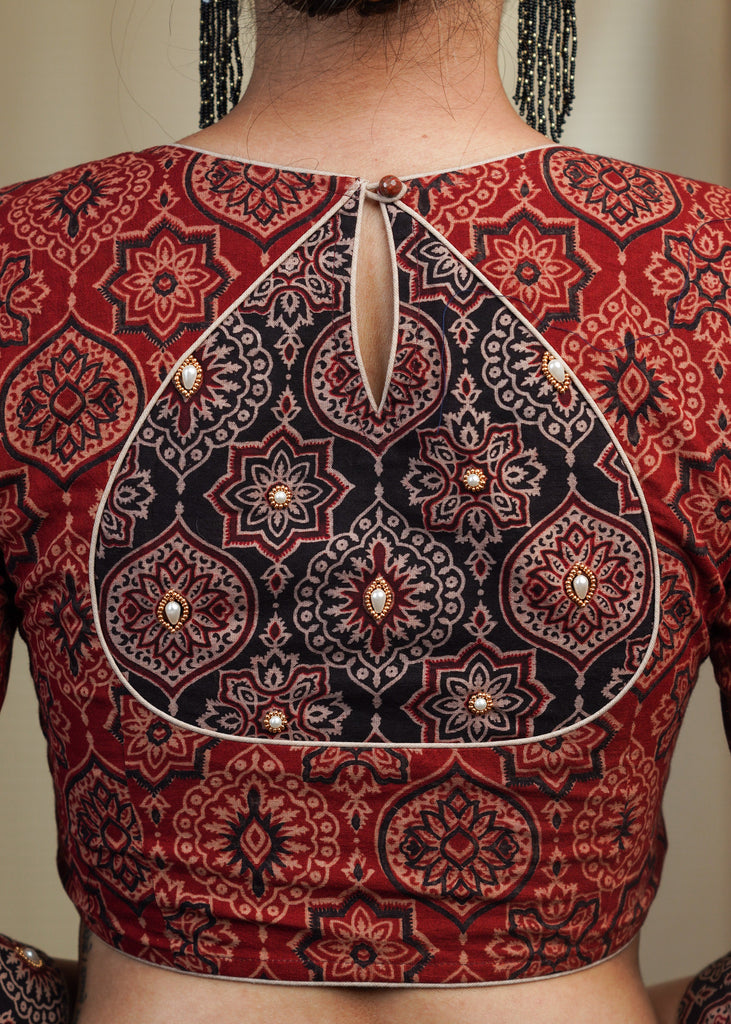 Maroon Cotton Ajrakh Combination Blouse With Bead work at the Back and Sleeves