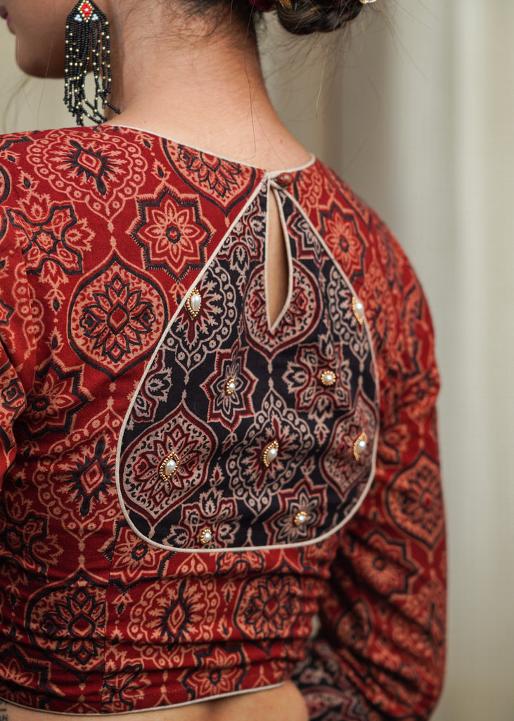 Maroon Cotton Ajrakh Combination Blouse With Bead work at the Back and Sleeves