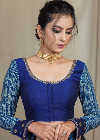 Blue Cotton Silk Blouse with Indigo Sleeves and Hand Embroidery Work On Neck and Cuffs