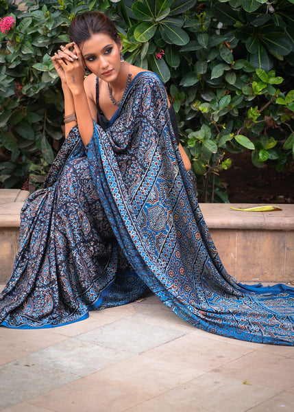 KHWABEEDA - Modal Silk Ajrak Hand Block Print Saree Gajji Palla Blue W -  Sanskruti